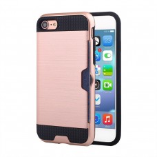 iPhone 7 4.7 - Card Holder Dual Layer Shock Absorption Metallic Brush PC Matte TPU Protection Case Cover with Card Slot Holder - Rose Gold